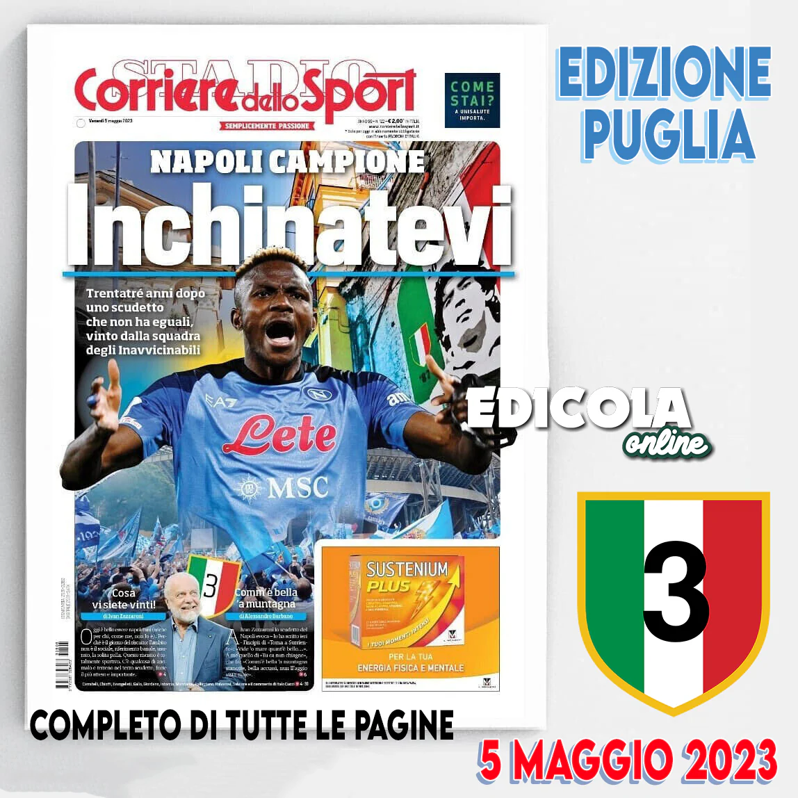 Giornale Corriere dello Sport del 5 Maggio 2023 3 Scudetto Calcio Napoli Osimhen