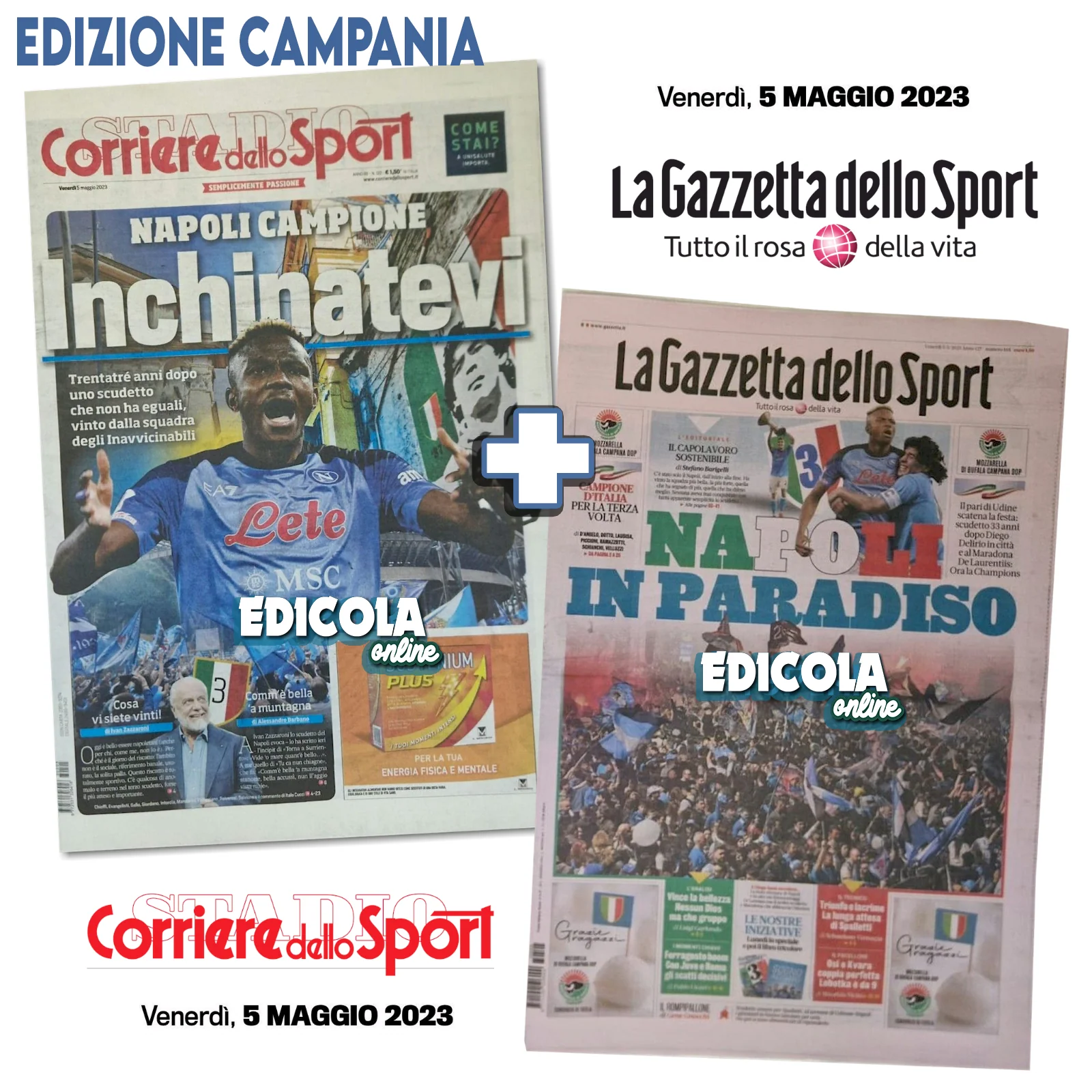 2x Giornale Gazzetta + Corriere dello Sport 5 Maggio 2023 3° Scudetto Calcio Napoli