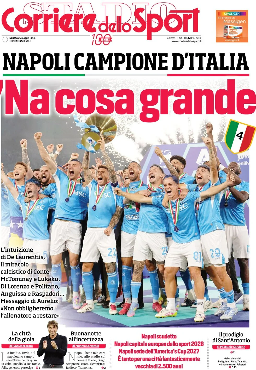 Giornali Quotidiani 4° Scudetto SSC Calcio NAPOLI - Campione d'Italia 2024-25 2025 - Image 2