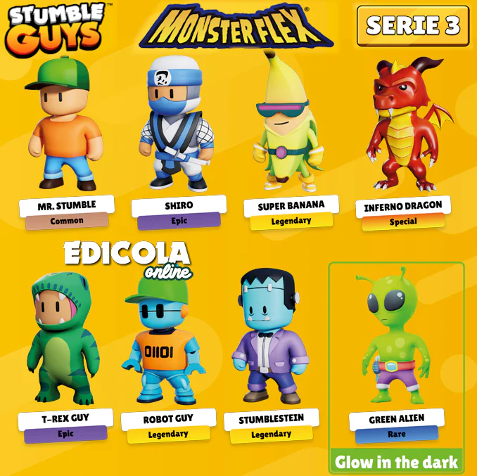 Personaggi STUMBLE GUYS Serie 3 (2025) Action Figure 3D Super Allungabili Monsterflex