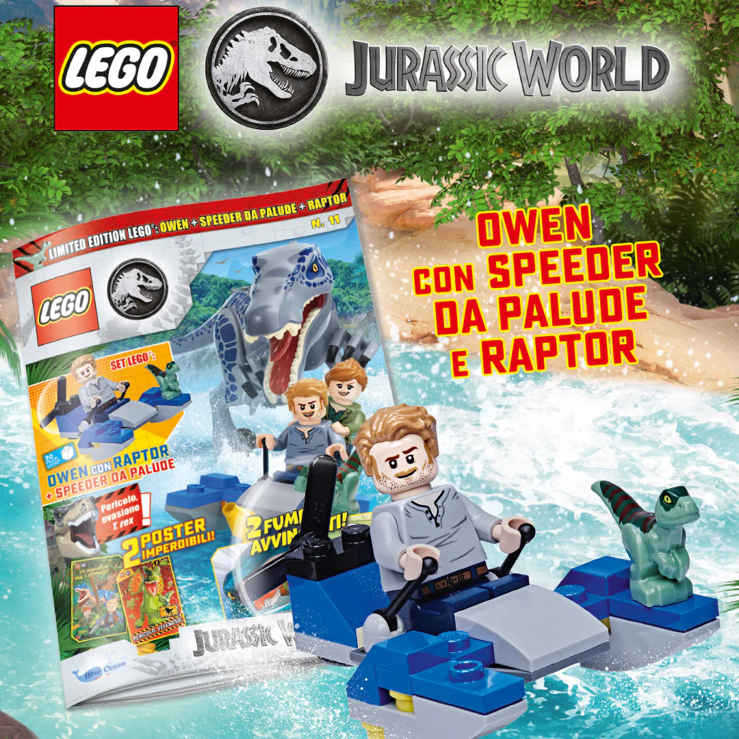 Rivista LEGO JURASSIC WORLD N. 11 - OWEN con SPEEDER DA PALUDE e RAPTOR