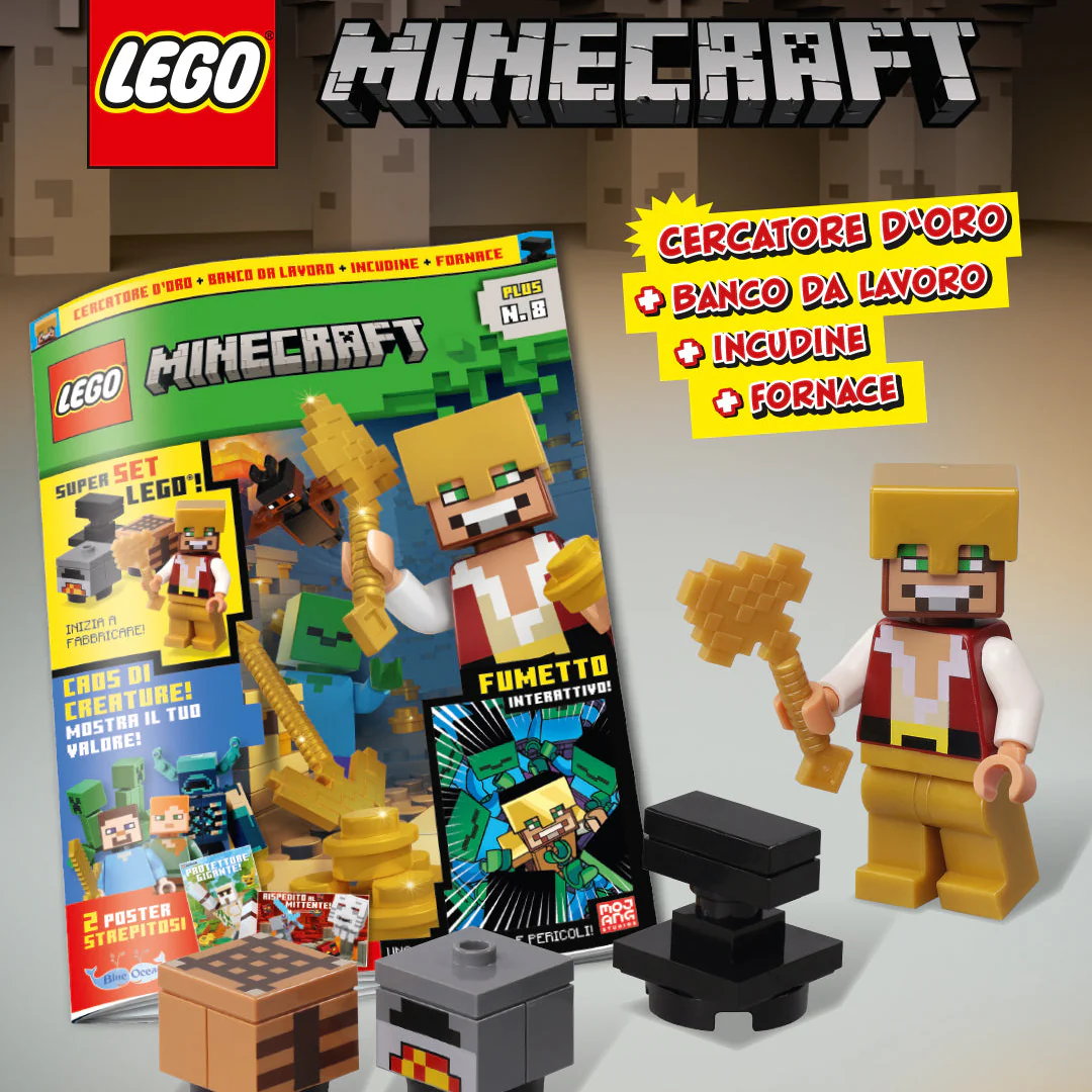 Rivista LEGO Minecraft PLUS n.8 + CERCATORE D’ORO + BANCO DA LAVORO + INCUDINE + FORNACE