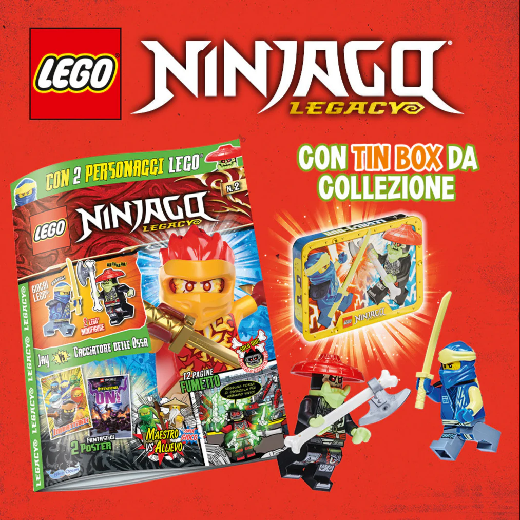 Rivista LEGO NINJAGO LEGACY n.2 + TIN BOX con 2 GIOCHI : Jay vs. Cacciatore delle Ossa