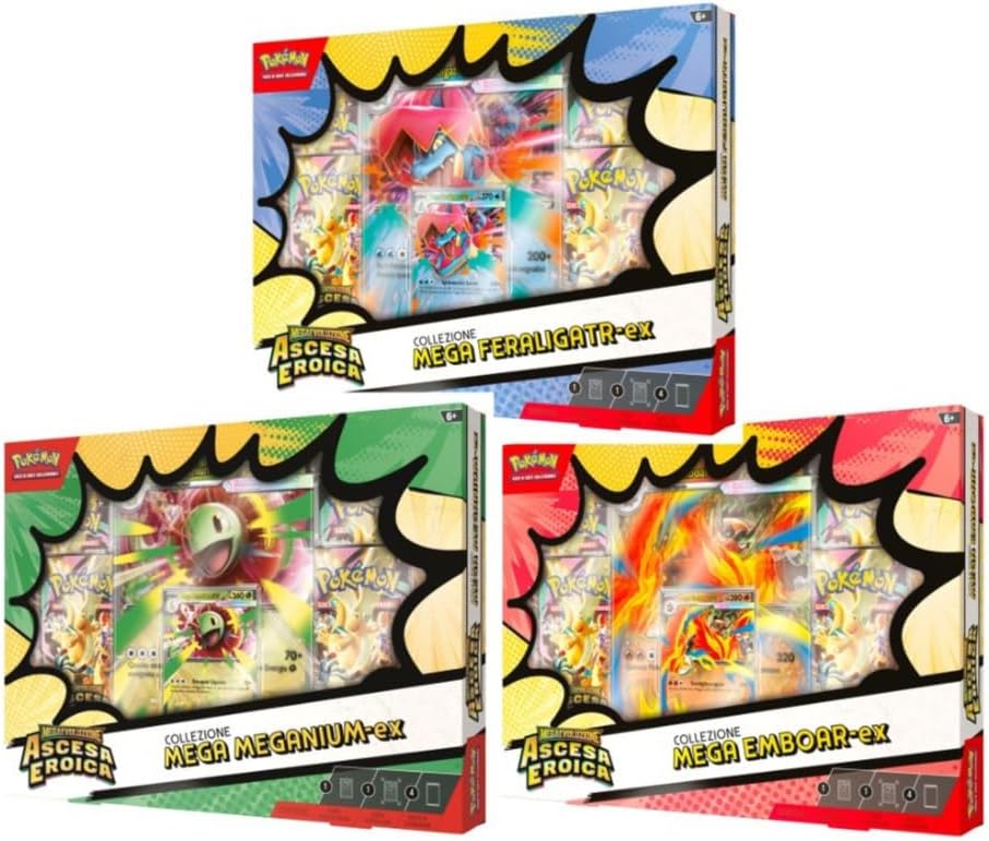 Set Pokémon Ascesa Eroica Collezione Mega EX Trio ITA – Mega Emboar ex, Mega Feraligatr ex, Mega Meganium ex – Italiano