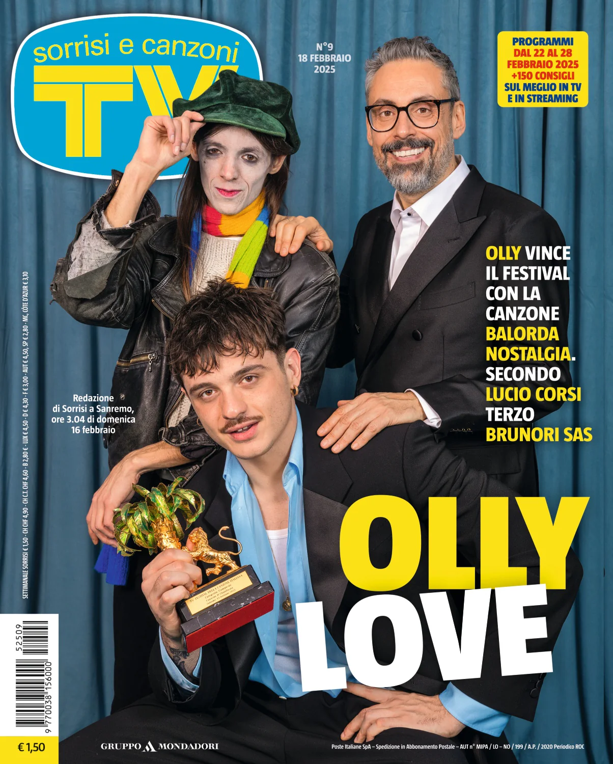 TV Sorrisi e Canzoni n°9 (18/02/2025) Copertina dedicata al Vincitore Olly Festival Sanremo 2025